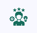 Icon of a person with three stars above; a gear with a checkmark and a plant with a lightbulb are beside them, symbolizing skills, innovation, and achievement.